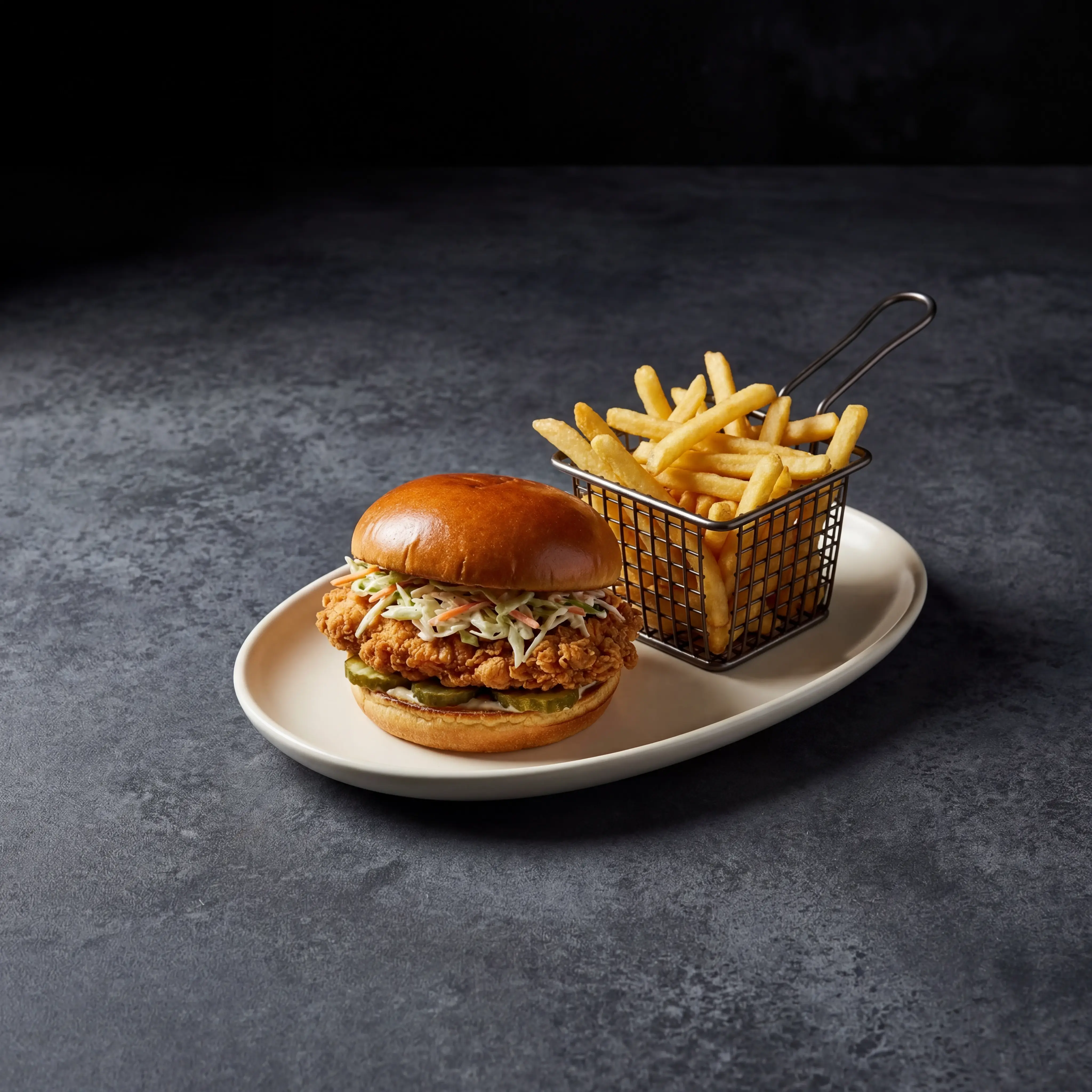 Burger mit Frites, dunkel texturiert