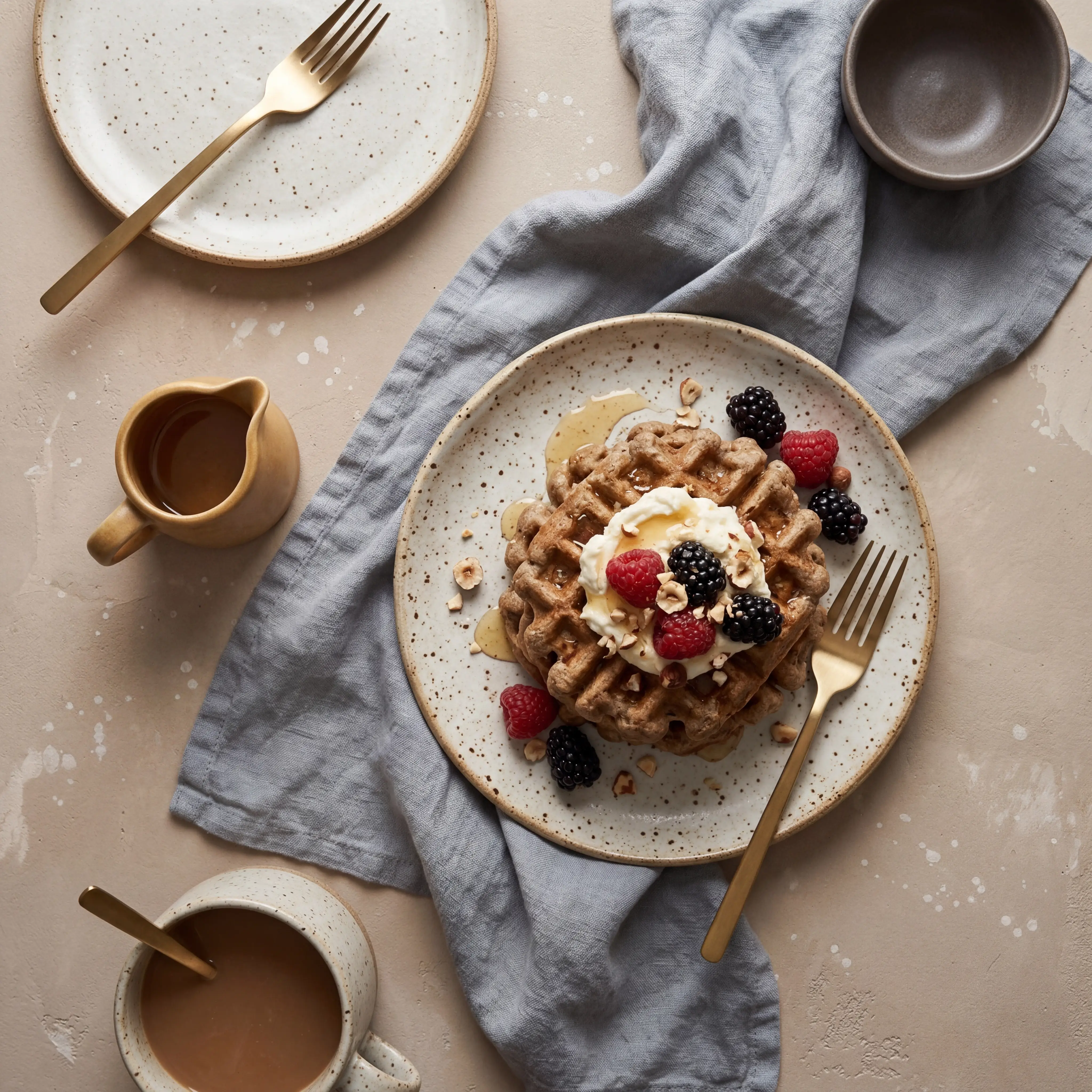 Hausgemachter Artisan Brunch auf hellem Leinen