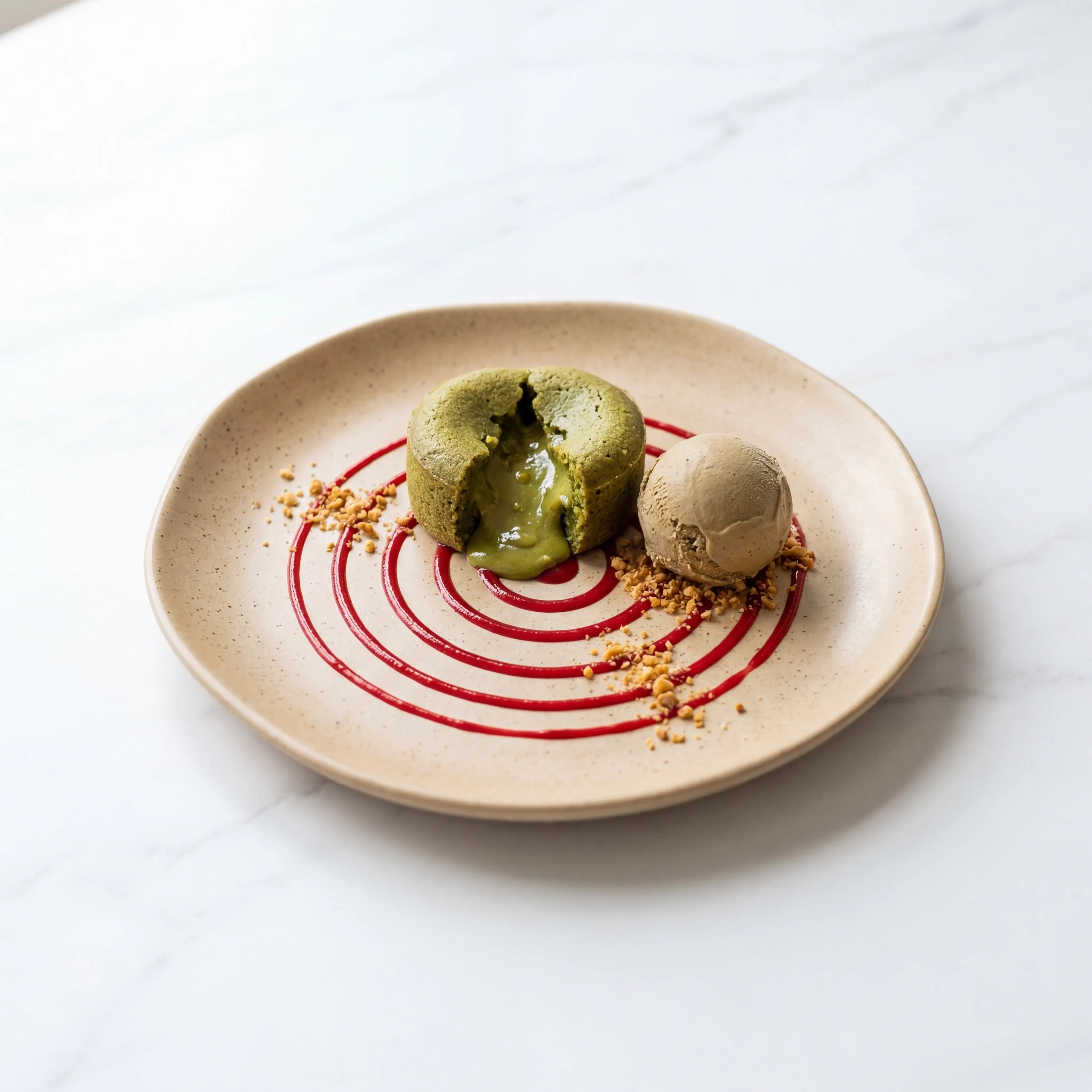 Minimalistisches Dessert auf hellem Marmor